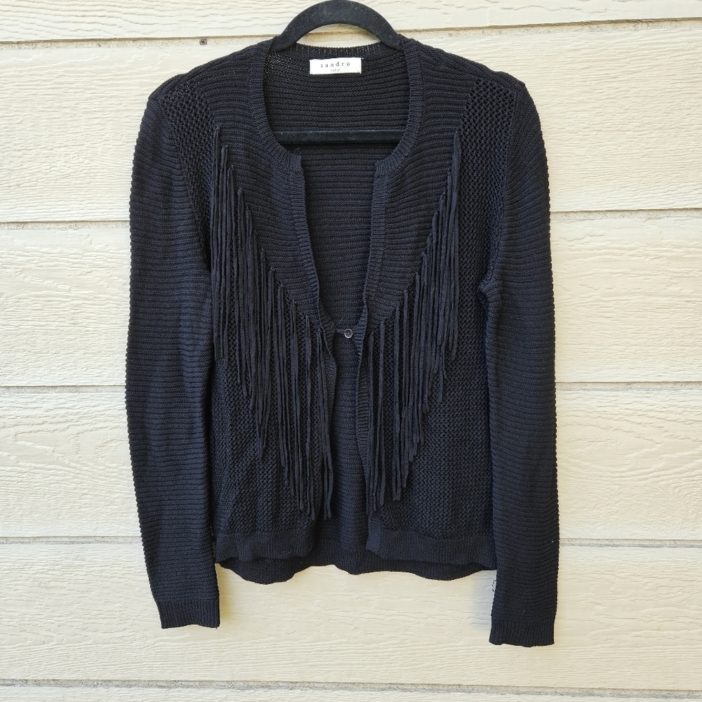 Sandro Paris black fringed cardigan with flaws SEE MEASUREMENTS estimated M/L